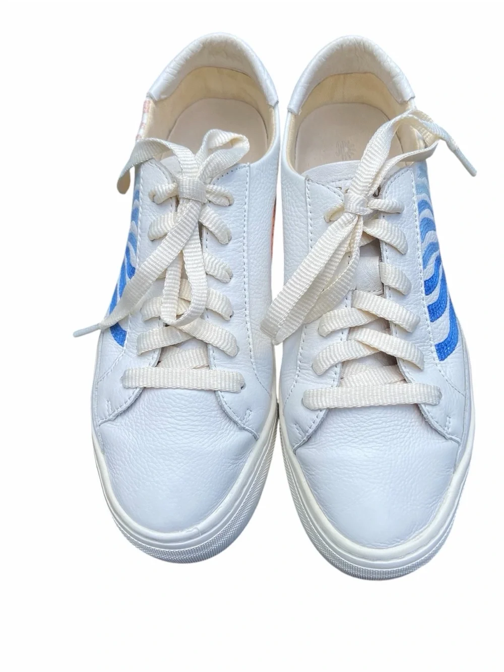 Anthropologie White Leather Sneakers with Blue & Orange Sunburst Embroidery